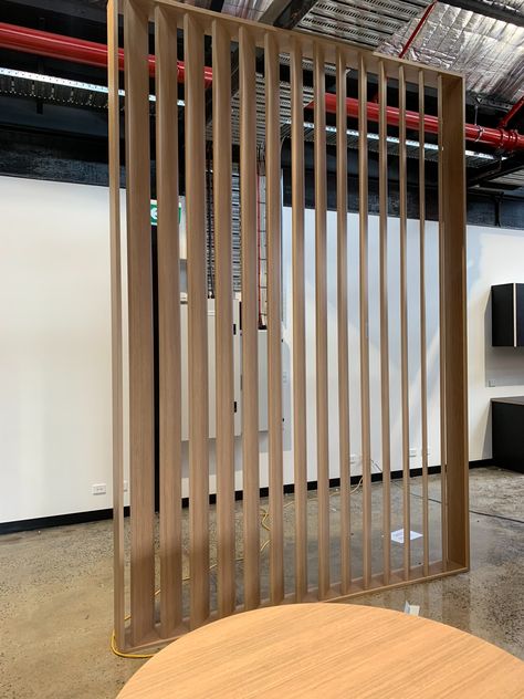 Wall Office Organization, Slat Wall Office, Slat Room Divider, Diy Sliding Door, Wooden Room Dividers, Wall Office, Timber Slats, Bookshelves In Living Room, Wood Slat Wall