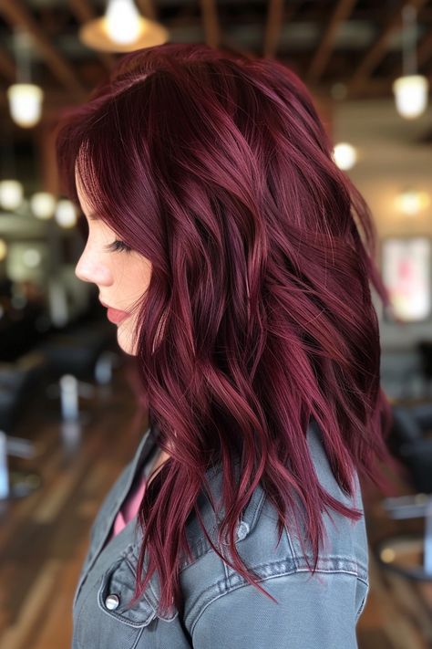 30 Bold & Bright Red Hair Color Ideas That'll Turn Heads - Flo's Blog Red Hair On Brunette Colour, Red Hair Color Bangs, Fall Red Brown Hair Color, Brunette To Burgundy Hair, Burgundy Hair With Dimension, Purple Based Red Hair, Violet Red Hair Color Formula, Teal And Magenta Hair, Wine Red Purple Hair