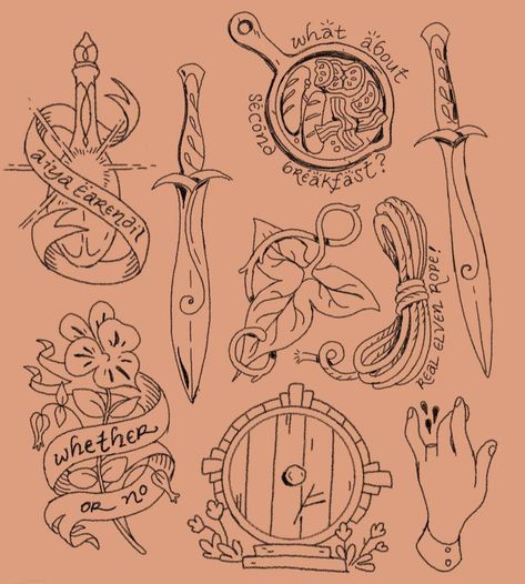 Hobbit Tattoo, Sam Tattoo, Tolkien Tattoo, Ring Tattoo Designs, Lotr Tattoo, Lord Of The Rings Tattoo, Fantasy Tattoos, Lotr Art, Flash Sheet