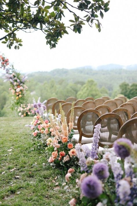 Spring Wedding Whimsical, Romantic Wedding Aisle Decorations, Spring Wedding Mountains, Muted Color Wedding Flowers, White Garden Bridal Bouquet, Spring Mountain Wedding Ideas, Pastel Aisle Flowers, Pastel Garden Party Wedding, Wildflower Mountain Wedding