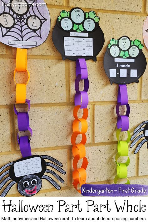 These Halloween math activities help kids learn about part part whole, decomposing numbers and fact families. #halloweenactivities #kindergartenmath #partpartwhole #decomposingnumbers #addition #mathcenter #mathcraft Math Fact Activities, Second Grade October Activities, Teach Addition Kindergarten, Halloween Math Centers First Grade, Parts And Wholes Activities, 2nd Grade October Activities, Halloween Activities Grade 1, Halloween Math Craft First Grade, Halloween Addition Activities