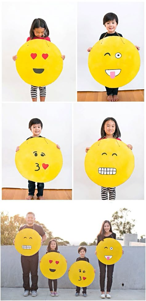 Easy DIY Cardboard Emoji costumes. These make fun and easy kid or family Halloween costumes. See all four versions we made! Emoji Costume, Diy Costumes Kids Boys, Kids Holidays, Diy Costumes Kids, Diy Halloween Costumes For Kids, Diy Kostüm, Last Minute Costumes, Diy Halloween Costumes Easy, Last Minute Halloween Costumes