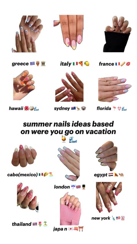 nail inspo for Italy,Greece,France,Hawaii,Sydney,Florida,Mexico,London,Egypt,Thailand,Japan,New York Nails In Italy, Nails For Egypt, Summer Hawaii Nails, Sicily Nails, Nails For France, Summer Europe Nails, Nails For Florida, Mexico Nail Ideas, Nails For Greece