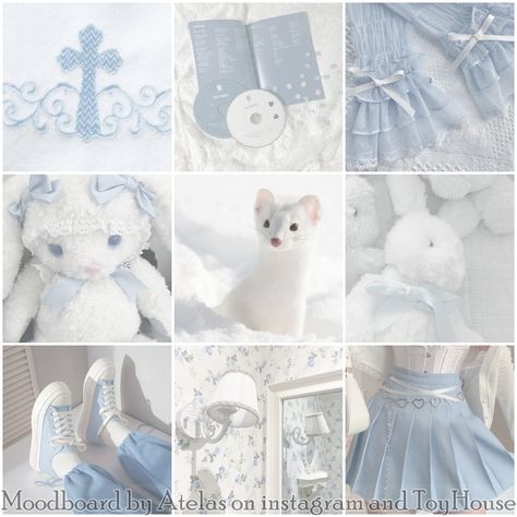 Aesthetic Character Board, Aethstetic Moodboard, Moodboard For Character Design, Pastel Blue Moodboard, 3x3 Moodboards, Oc Aesthetic Board, Pretty Signatures, Ghost Moodboard, Bunny Moodboard