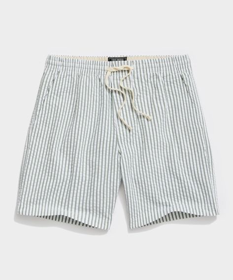 An off-duty essential that combines the polish of a dress short with the comfort of athletic wear. With pull-on styling and a softly tailored shape, this is your all-day, everyday summer short. For the warmer months, Todd has created a version in a handsome green-and-white striped seersucker with a touch of stretch. Perfect for those days when the diary calls for the 3Bs (Biking, Beach, and BBQ). 98% Cotton, 2% Spandex Responsibly Made in China 7” Inseam Elastic Waist With Drawcord Side Seam Poc Striped Shorts Outfit Men, Best Shorts For Men, Mens Shorts Outfits, China Clothes, Seersucker Shorts, The Diary, Summer Clothing, Tailored Suits, Nice Shorts