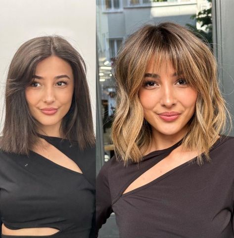 Flattering Wispy Bangs Before and After Wavy Beach Hair, Perfect Bangs, Textured Bangs, Layered Haircuts With Bangs, Long Face Shapes, Face Framing Bangs, Bob Hairstyles With Bangs, Corte Bob, Medium Curly Hair Styles