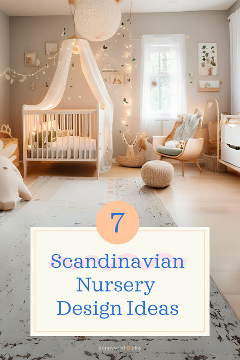 Photo of a whimsical Scandinavian-style bedroom, with the Poppyseed Play title and logo. Nordic Nursery Room, Baby Nursery Decor Ideas, Scandinavian Baby Room, Functional Nursery, Nursery Design Ideas, Themed Makeup, Nordic Nursery, Nursery Decor Ideas, Scandinavian Baby