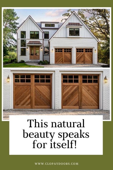 White House With Brown Garage Doors, White House With Wood Garage Doors, Garage And Front Door Matching, Coastal Garage Doors, Wood Garage Doors White House, Front Door And Garage Door Match, Natural Wood Garage Doors, Garage Doors Farmhouse, Cape Exterior