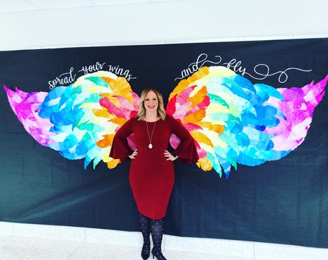 Wings Mural... Principal Masterpiece... my students/faculty/teachers LOVE IT! Wing Mural School, Wings Bulletin Board Ideas, Wings Bulletin Board, Snowcone Business, Wing Mural, Feather Mural, Wings Mural, Mural Cafe, School Improvement