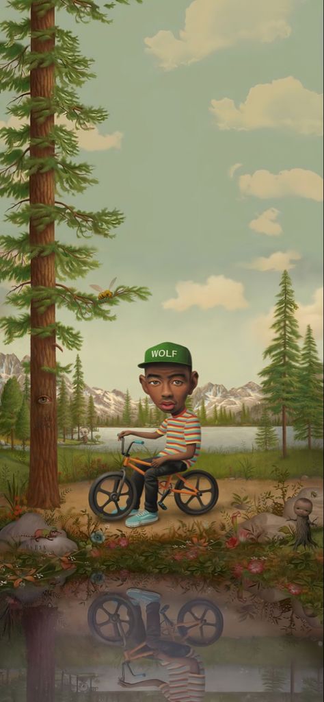 Tyler, the Creator on a bike in the woods (Wolf album cover) Lock Screen Wallpaper Tyler The Creator, Wolf Tyler The Creator Album Cover, Wolf Wallpaper Tyler The Creator, Wolf Iphone Wallpaper, Wolf Album Cover, Tyler The Creator Wallpaper Aesthetic, Wallpaper Wolf, Wolf Album, Tyler The Creator Wallpaper