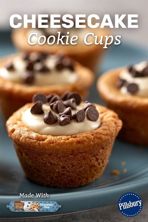 Cookie dough takes a new form in this fun cookie cup. Even better, it has a totally irresistible cream cheese filling inside! Mini Cheesecake Cookie Cups, Cream Cheese Brownie Bites, Cheesecake Cookie Cups Recipe, Cookie Dough Cheesecake Bites, Cream Cheese Cookie Cups, Desserts With Cookie Crust, Mini Muffin Tin Cookie Recipes, Cookies In Muffin Pans, Mini Cookie Cups Recipe