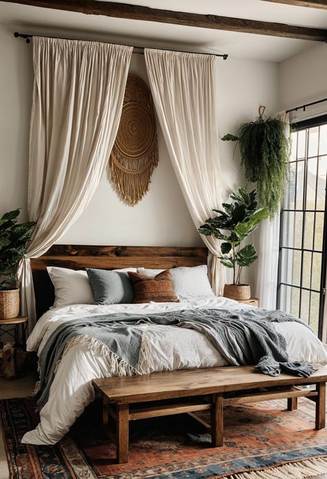 Guest Bedroom Boho Farmhouse, Cute Boho Decor, Cozy Neutral Bedding Ideas, Zen Guest Bedroom Ideas, Wood Inspired Bedroom, Wabi Bedroom, Dreamy Room Cozy Bedroom Relaxing, Romantic Boho Bedroom Ideas, Relaxed Bedroom Ideas