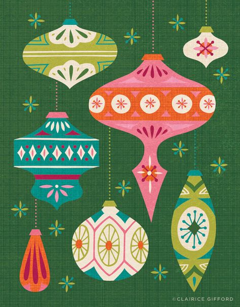 Illustration Design Graphique, Lilla Rogers, Retro Christmas Decorations, Christmas Card Illustration, Christmas Card Ornaments, Retro Ornaments, Pink Blue Yellow, Vintage Christmas Cards, Christmas Mood