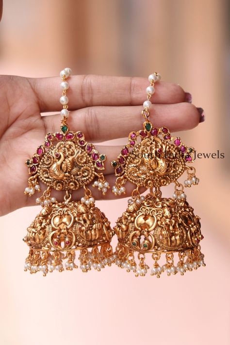 Peacock Ear Cuff Jhumka | Latest New Jewellery Diamond Earring Design, Jimikki Kammal, Golden Jhumka, High Jewelry Design, Wedding Jewellery Designs, Beautiful Diamond Earrings, Saree Jewellery, Metal Jewellery, Diamond Earrings Design