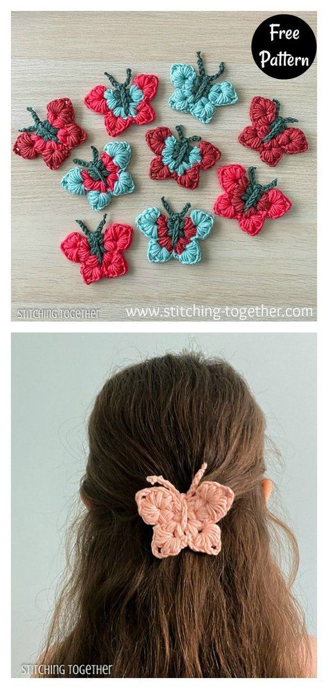 Uma Beautiful Butterfly Hair Clips Free Pattern #freecrochetpattern #crochetpattern #hairclipsfreepattern Butterflies Crochet, Crochet Bows Free Pattern, Crochet Centerpiece, Fall Crochet Projects, Crochet Butterfly Free Pattern, Crochet Keyring, Crochet Hair Bows, Easy Butterfly, Butterfly Crochet