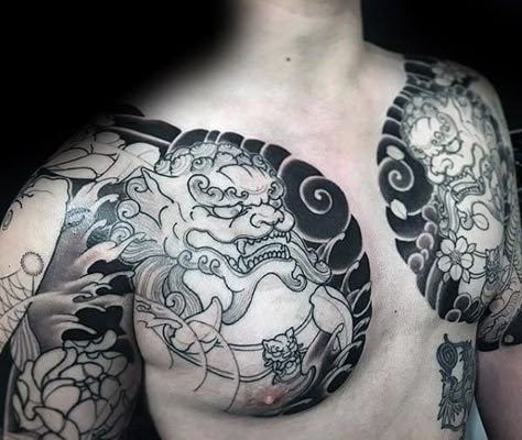 50 Japanese Chest Tattoos For Men - Masculine Design Ideas Chest Tattoo Japanese, Tattoo Daruma, Tatuajes Irezumi, Foo Dog Tattoo Design, Tato Ikan Koi, Full Chest Tattoos, Foo Dog Tattoo, Tattoo Chest, Chest Plate