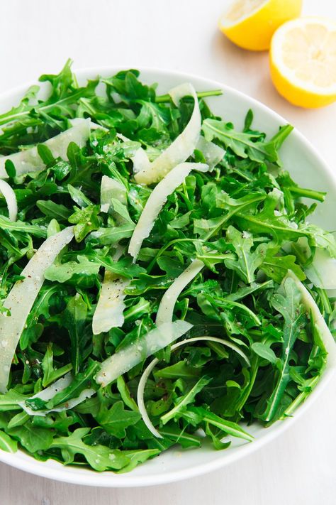 Arugula Salad — Delish.com Easter Dinner Menus, Parmesan Salad, Arugula Recipes, Arugula Salad Recipes, Thanksgiving Salad, Antipasto Salad, Spinach Strawberry Salad, Baked Asparagus, Asparagus Soup