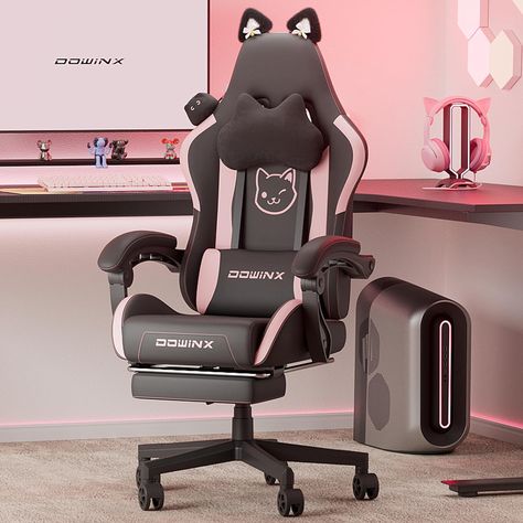 Dowinx Gaming Chair Cute with Cat Ears and Massage Lumbar Support, Ergonomic Computer Chair for Girl with Footrest and Headrest, Comfortable Reclining Game Chair 290lbs for Adult, Teen, Black Ideas For Desk, Gaming Set Ups, Stuff For Room, Bedroom Vision Board, Ear Massage, Blue Hair Highlights, Office Space Inspiration, Gaming Equipment, Cute Gaming