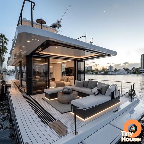 Luxury Yachts Aesthetic Houseboat Plans, Houseboat Remodel, Tiny Houseboat, Houseboat Decor, Float House, Small Houseboats, Boathouse Design, Pontoon Houseboat, Luxury Houseboats