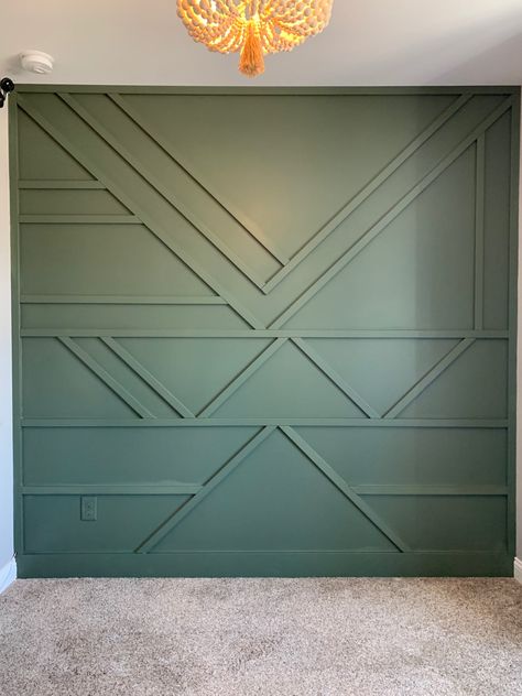 Sage Green And Gold Accent Wall, Dark Green Geometric Wall, Mossy Green Accent Wall, Sage Green Slat Wall, Diy Green Accent Wall, Seafoam Green Accent Wall, Hunter Green Bedroom Walls, Sage Green Accent Wall Bedroom Boho, Sage Green Living Room Ideas Accent Wall