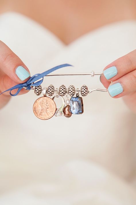 DIY Wedding // Something old new borrowed blue pin! We have some fun trinket ideas for you! Wedding Something Old, Old New Borrowed Blue, Something Blue Wedding, Something Borrowed, Blue Pin, Maggie Sottero, Dress Pin, Mod Wedding, Something Old