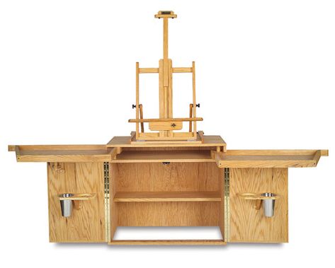 A pastelist's dream! Originally designed for world famous pastelist Urania Christy Tarbet  this desk is the answer for the pastel painter who seeks convenience and organization. It's a perfect companion for the oil painter or watercolorist as well. - Best Urania's Desk Corner Desk Plans, Pastel Desk, Woodworking Desk Plans, Art Studio Organization, Woodworking Shop Layout, Shop Layout, Art Desk, Building A Shed, Art Table