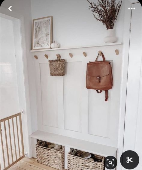 Narrow Vestibule Ideas, Front Entrance Cubby Ideas, Front Entry Hooks Entrance, No Closet Front Entrance, Entryway Coat Rack Ideas Farmhouse, Small Entryway Bench And Coat Rack, Narrow Entryway Coat Storage, Entrance Vestibule Ideas, Small Entry Way Built In Ideas