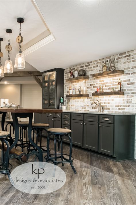 Basement Bar Stone Backsplash, Brick Backsplash Bar Area, Brick Wall Behind Bar, Bar Themed Basement, Wet Bar With Brick Backsplash, Faux Brick Bar Wall, Game Room Bar Farmhouse, Brick Bar Backsplash, Fun Basement Bar Ideas