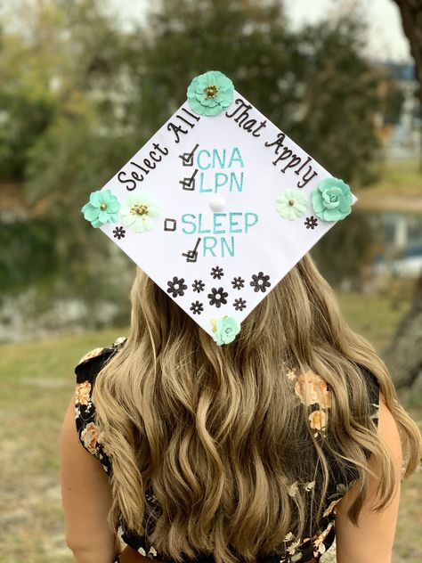 Nursing Graduation Cap Lpn, Nursing Graduation Hat, Graduation Cap Designs Nursing Lpn, Lvn Nursing Graduation Cap, Lpn Cap Decoration, Cna Cap Ideas, Graduation Outfit Ideas Nursing, Lpn Grad Cap, Pmhnp Graduation Cap