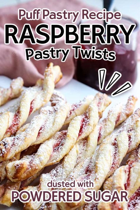 closeup view of raspberry twists made with puff pastry with text overlay. Raspberry Pastry Recipes, Raspberry Puff Pastry, Raspberry Pastry, Heavenly Dessert Recipe, Puff Pastry Snacks, Pastry Twists, Easy Puff Pastry Recipe, Puff Pastry Twists, Sugar Free Desserts Easy