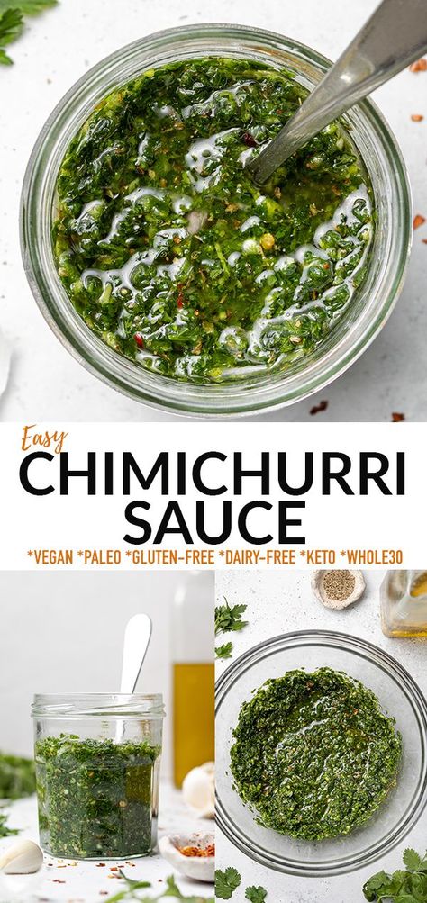 This super flavorful Homemade Chimichurri is an amazing roasted veggie sauce, appetizer dip, steak sauce or pasta topping! It’s easy to make with fresh herbs like cilantro, parsley, garlic, apple cider vinegar, red pepper flakes and more. Gluten-free, vegan, low carb, keto, paleo and Whole30 compliant. Mint Chimichurri, Chimichurri Sauce Recipe, Chicken Salads, Chimichurri Recipe, Vinaigrette Salad, Pork Chicken, Herb Sauce, Chimichurri Sauce, Green Sauce