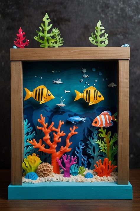 45 Insanely Fun Beach Crafts For Kids Underwater Diaroma, Coral Reef Diorama Projects, Aquarium Projects For Kids, Kids Aquarium, Animal Coverings, Ocean Diorama, Beach Crafts For Kids, Aquarium Diy, Kids Mural