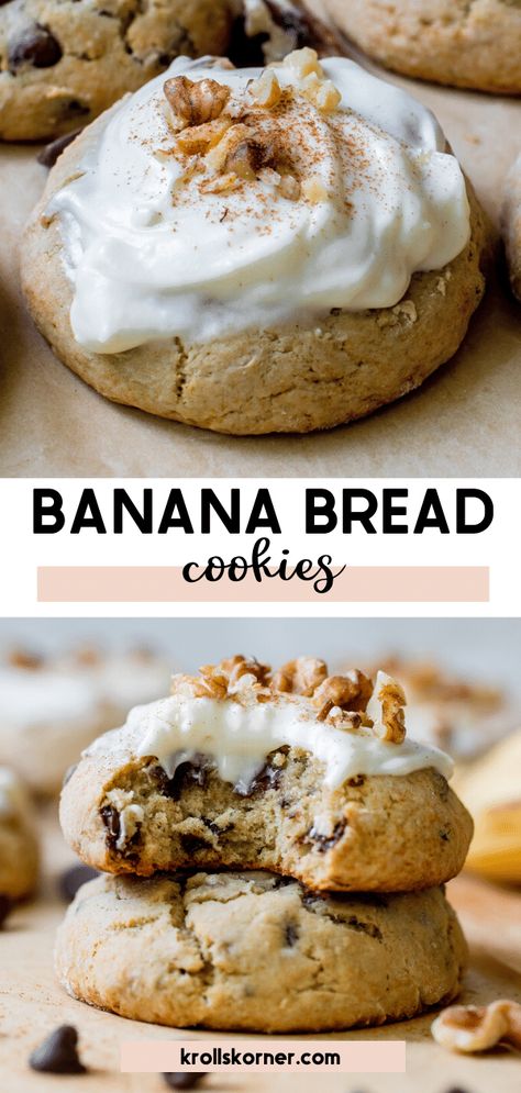 All of your favorite banana bread flavors wrapped up in a cookie! These banana bread cookies are studded with lots of chocolate chips, over ripe bananas, cinnamon, and topped with a decadent cream cheese frosting. #bananabread #bananabreadcookies #krollskorner #cookieseason #holidaybaking #cookies #cookierecipes Bread Flavors, Over Ripe Bananas, Banana Bread Cookies, Basic Cookies, Bread Cookies, Chocolate Chip Banana, Banana Cookies, Cookie Time, Chocolate Chip Banana Bread