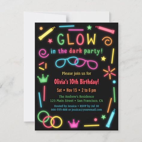 Faux Glow In the Dark Birthday Party Invitations  Zazzle Neon Party Themes, Dark Birthday Party, Glow In The Dark Birthday, Dark Birthday, Glow Stick Party, Glow In Dark Party, Neon Birthday Party, Glow In The Dark Party, Glow Birthday Party