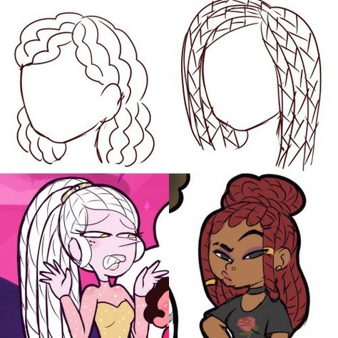 Box Braids Reference, Braids Art Reference, Two Braids Drawing, Black Hair Drawing Reference Braids, Braid Hair Drawing, Box Braids Drawing Tutorial, How To Draw Twists, Drawing Box Braids, Braids Cartoon Drawing