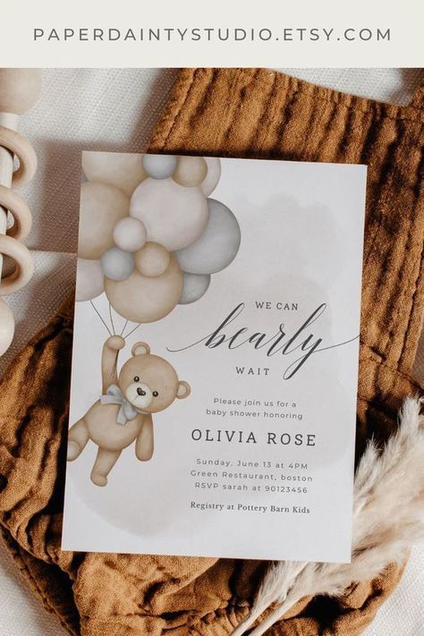 Neutral Gender Reveal, Bear Baby Shower Theme, We Can Bearly Wait, Bearly Wait, Baby Hamper, Baby Shower Invitaciones, Baby Shower Invitation Template, Teddy Bear Baby Shower, Twins Baby Shower