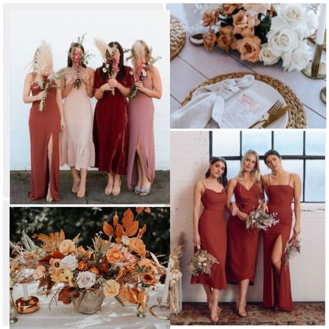 Park & Fifth Co. Bridesmaid Dresses  Burnt orange, rose and mauve make for the dreamiest warm colour palette Warm Bridesmaid Dresses, Terracotta Dress Bridesmaid, Bridesmaid Colour Scheme, Park And Fifth Bridesmaid, Terracotta Bridesmaids, Terracotta Bridesmaid Dresses, Bridesmaid Colours, Park And Fifth, Terracotta Bridesmaid Dress