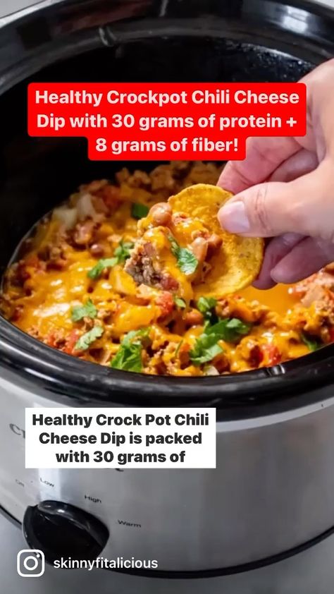 Healthy Crockpot Chili, Crockpot Chili Cheese Dip, High Protein Chili, Chili Cheese Dip Crockpot, Low Calorie Chili, Protein Chili, Healthy Chili Crockpot, Low Calorie Appetizers, Gluten Free Appetizer