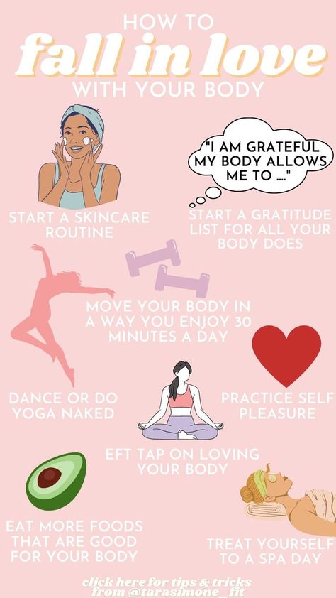 Need some help loving your body and showing yourself some self care? Here are 8 tips to fall in love with your body such as gratitude list, self pleasure, working out, and more. See the blog below for even more tips on your self love journey! Self Love Excersises, Tips To Love Yourself, Healthy Self Love, How To Fall In Love With Life, How To Take Care Of Yourself As A Woman, How To Feel Beautiful About Yourself, Self Love Habits, How To Have Self Love, Self Love Date Ideas