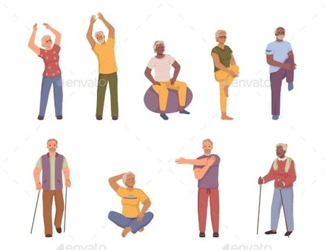 Senior People Doing Sport and Stretching Workout Stretching Workout, Grandmother And Grandfather, Woman Exercising, Cartoon People, Elderly People, Stretching Exercises, Illustration Poster, Pink Sports, People Illustration