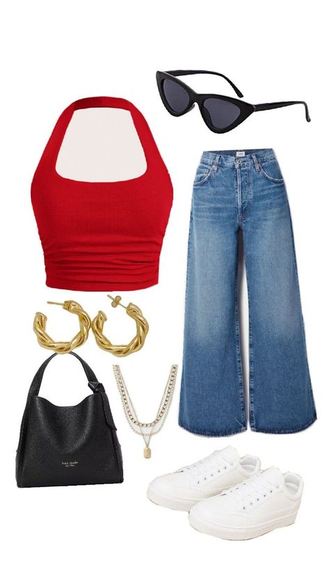 red top with blue jeans outfit Style A Red Top, Red Jeans Outfit Winter, Red Shirt And Jeans Outfit, Red Top And Jeans Outfit, Red Top Outfit Casual, Red Top And Jeans, Top With Wide Leg Jeans, Blue And Red Outfit, Red Purse Outfit