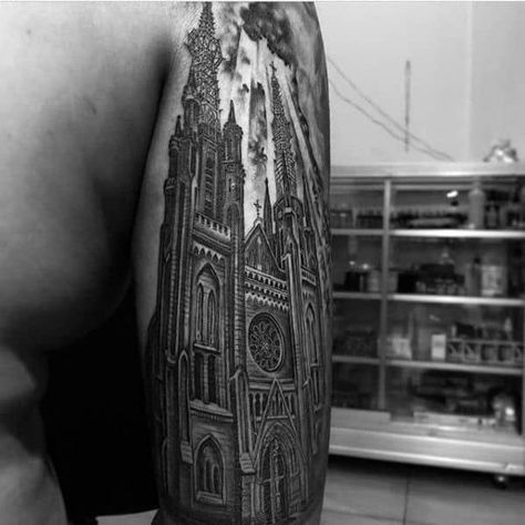 50 Cathedral Tattoo Designs For Men - Church Ink Ideas Cathedral Tattoo, Building Tattoo, Church Tattoo, Jewelry Tattoo Designs, Castle Tattoo, Christ Tattoo, Tattoo Background, Amazon Jewelry, Religious Tattoos