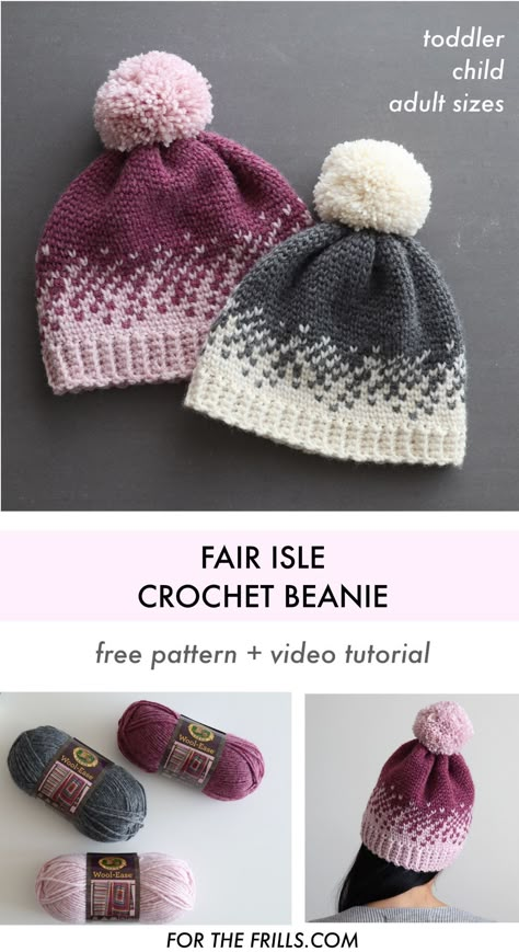 Crochet Snowflake Beanie Pattern, 2 Color Beanie Hat Crochet Pattern, 2 Color Crochet Beanie, Fair Isle Crochet Hat, Toddler Crochet Hat Pattern Free, Fair Isle Crochet Pattern, Fair Isle Hat Pattern, Fair Isle Beanie, Fair Isle Crochet