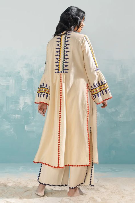 Buy Ikai Beige Cotton Silk Chanderi Nile Bell Sleeve Kurta Online | Aza Fashions India Traditional Dress, Beige Kurta, Kaftan Designs, Mode Punk, Lehenga Blouse Designs, Applique Work, Pant For Women, Cotton Suits, Abayas Fashion