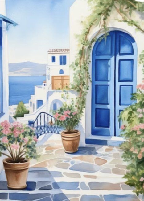 Greece Aesthetics Paintings, Santorini Painting Easy, Watercolor Greece Easy, Nautical Drawings, Simple Santorini Painting, Santorini Watercolor Painting, Greece Drawing, Watercolor Santorini, Greece Homes