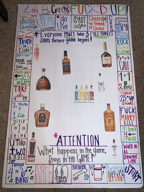 Hotel Games For Adults, Drunk Poster Board Game, Diy Drinking Card Games, 18th Birthday Party Ideas Activities, Shot Games, Drinking Board, Drunk Games, Drinking Board Games, Alcohol Games