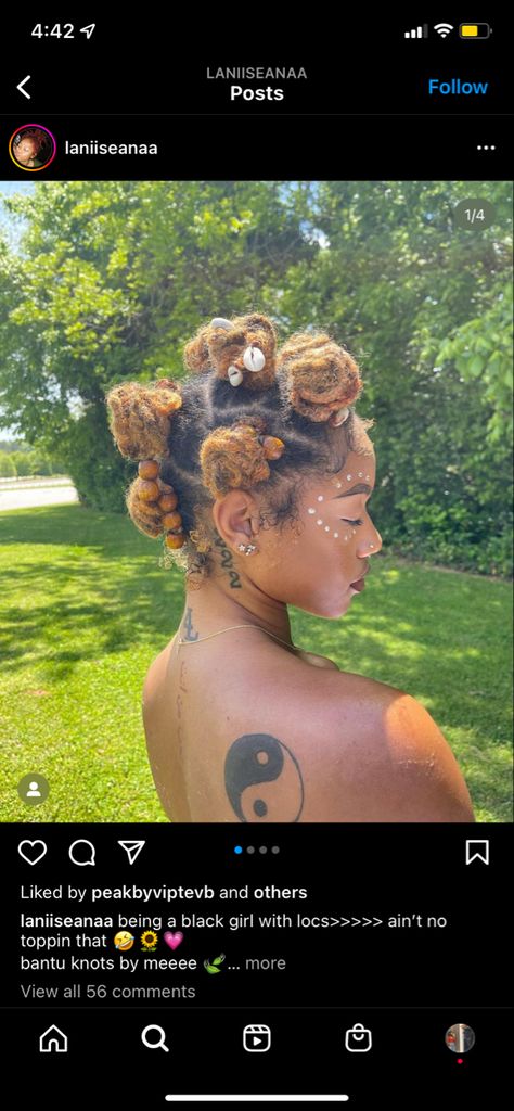 Yin Yang Tattoo Black Women, Loc Styles With Flowers, Summer Loc Colors, Loc Bantu Knot Styles, Bantu Knots With Locs, Summer Loc Styles, Loc Bantu Knots, Bantu Knots Locs, Short Locs With Beads