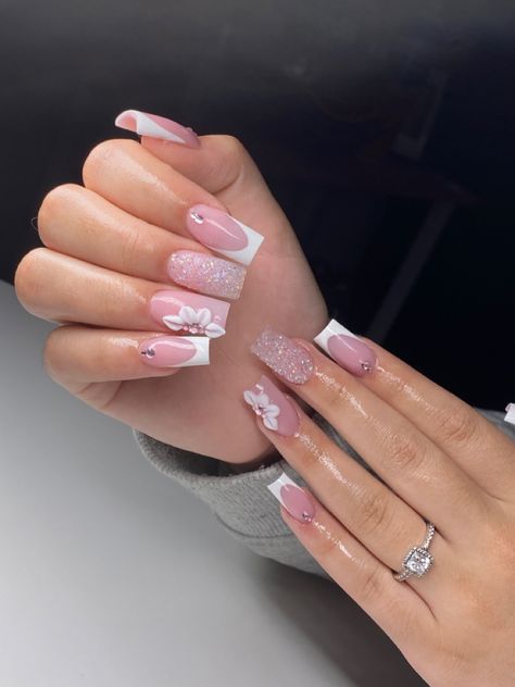 Short Nails For Birthday Ideas, Short Coffin Acrylic Nails Designs Pink, Pink Nail Short Designs, White Glitter Nails With 3d Flowers, Cute Short Quince Nails, French Tip Acrylic Nails With Nail Art, Pretty Acrylic Nails Coffin Long Simple, Soft Acrylic Nails Aesthetic, Cute Medium Length Nails Acrylic