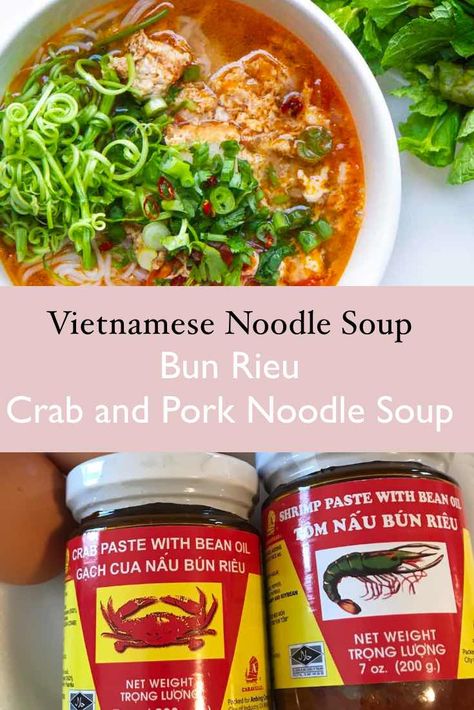 Simple Bun Rieu Recipe - Vietnamese Pork & Crab Noodle Soup Bun Rue Recipe, Asian Crab Soup, Pork Noodle Soup Recipes, Bun Rieu Recipe Vietnamese Food, Vietnamese Crab Recipes, Vietnamese Crab Soup, Bun Rieu Recipe, Vietnamese Soup Recipe, Bun Bo Hue Recipe