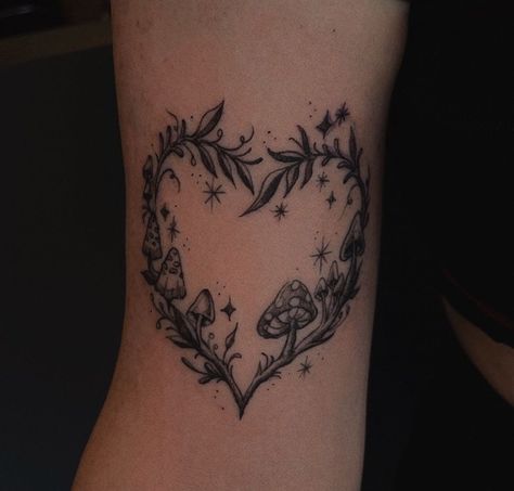 Mushroom Heart Tattoo Design, Heart Shaped Mushroom Tattoo, Mushroom Tree Tattoo, Mushroom Heart Tattoo, Mushroom Vine Tattoo, Leaf Heart Tattoo, Toadstool Tattoo, Tattoo With Banner, Small Mushroom Tattoo